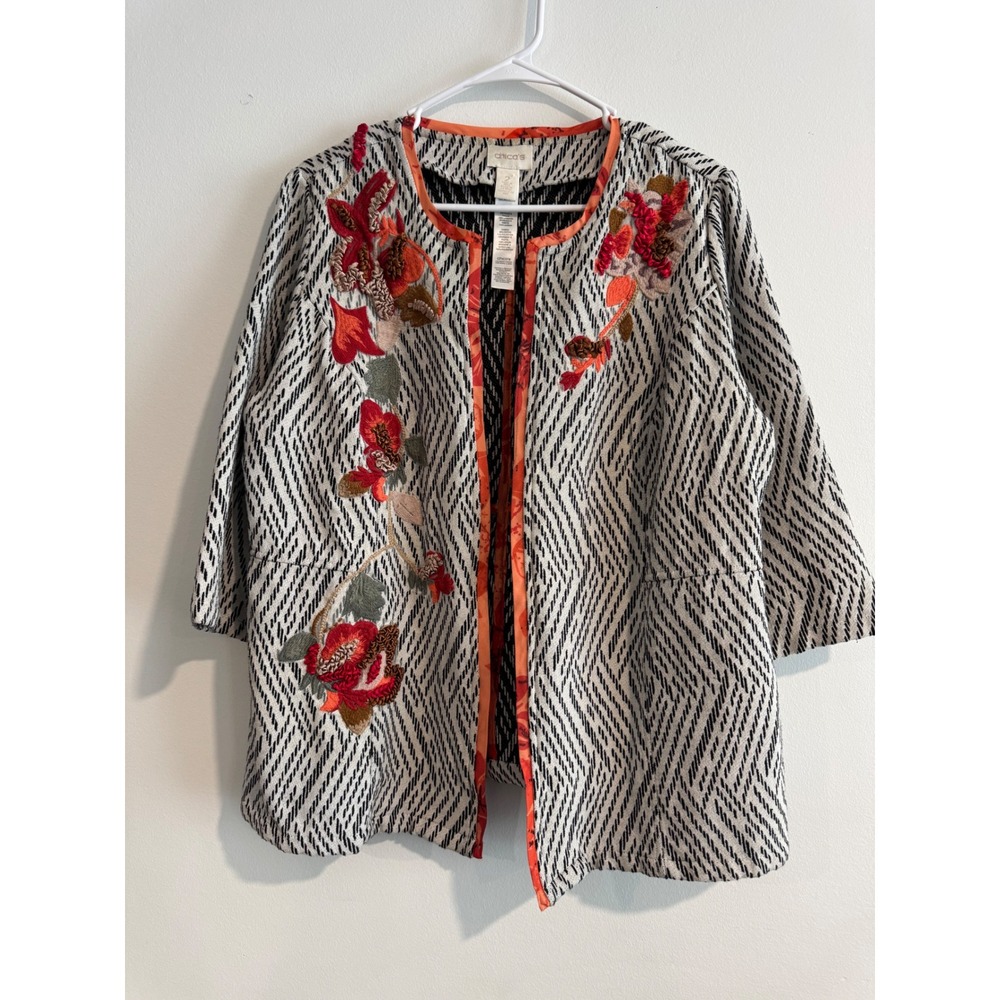 Chico's Embroidered‎ Chevron Jacquard Jacket Womens 2 Large Black White Floral